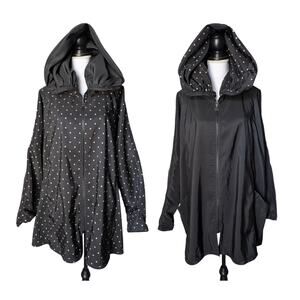 Mycra Pac Black Cream Polka Dot Rain Coat Size 2 M/L Hooded Reversible Full Zip